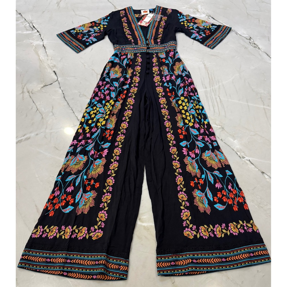 Farm Rio for Anthropologie Black Flor Jumpsuit Wide Leg Floral XS NWT